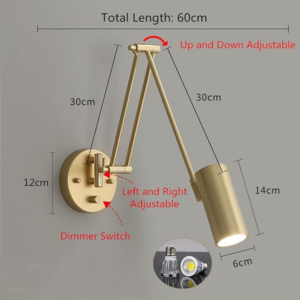 LED-Indoor-Wandlampe mit Schalter Wandleuchte Verstellbarer Schwenkarm 3000k-6000k Nacht Lampe Wand Leselampe Moderne Goldwandbeleuchtung für Schlafzimmer Wohnzimmerstudium