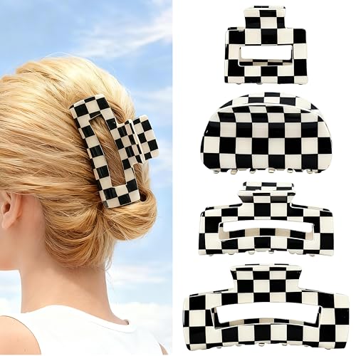 4 PCS Checkered Hair Claw Clips Black and White Square Claw Clip Non Slip Jaw Clips Plaid Vintage Check Hair Accessories for Thick Thin Curly Straight Long