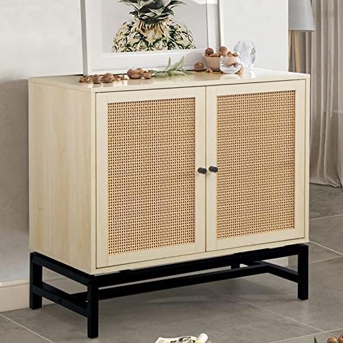 AWQM Accent Cabinet,Rattan Cabinet with 2 Doors,Farmhouse Sideboard Buffet Cabinet with Storage/Adjustable Shelf,Kitchen Buffet Storage Cabinet,Cupboard Console Table for Living Room,Oak Beige
