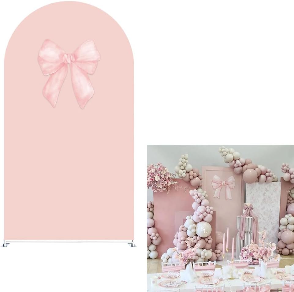 Arch Backdrop Cover Pink Floral Bows Birthday Party 2-Sided Arch Stand Spandex Fabric Covers Girls Baby Shower Fiesta Parties Decorations (2.6x6ft Cover,G4029)