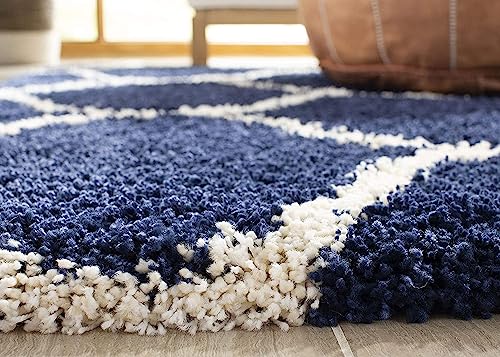 Image of Handwoven Microfibre 3D Rug for Living Room (Navy Blue & Ivory Moroccan, 8 X 10 Feet, Microfibre)
