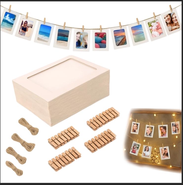 YceLon 20 Stück Fotoleine Mit Klammern Foto Girlande Set Mit 20 Papierrahmen 10x15 cm Und 20 Holzklammern Fotovorhang Zum Aufhängen Für DIY Party Und Wohnzimmerdekoration