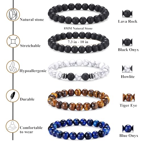 Jewdreamer 10PCS Tiger Eye Bracelet For Men 8MM Natural Stone Beads Bracelet Set Stretch Lava Rock Bracelets Adjustable Black Crystal Beaded Bracelet for Men Women Gifts4