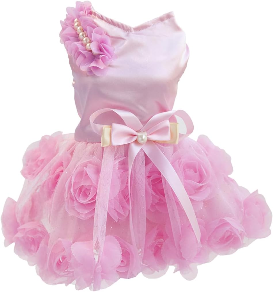 Dog Dress Luxury Puppy Skirt Clothes Princess Dresses Wedding Evening Tutu Skirt Rose Flower Bowknot Dresses for Small Dog Girl XL Pink
