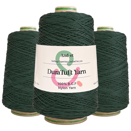 Image of And-et DuraTuft Yarn 45 Vibrant Colors Tufting Nylon Yarn Pack - Ideal for Crochet, Craft Projects - 100% B.C.F. - 3 Cones x 1.66lbs (640yards) - Perfect for Rug Weaving and Knitting (38 Deep Green)