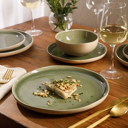 Image of Gibson Elite Manila Bay 12-Piece Stoneware Dinnerware Set, Service for 4, Reactive Glaze Modern Artisan Plates, Bowls & Mugs, Green, Round Design