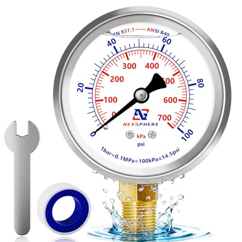 NexSphere 100 PSI Liquid Filled Pressure Gauge, 1/4 NPT Lower Mount, 2.5