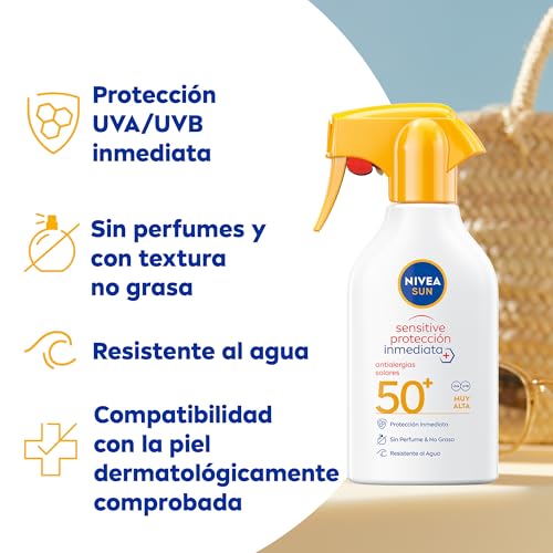 Miniatura 2 de NIVEA SUN Sensitive Spray Antialergias FP50+ - Protector Solar Corporal para Alergias Solares e Irritaciones - Protección Inmediata UVA/UVB - Sin Perfume - Resistente al Agua - Piel Sensible - 250 ml