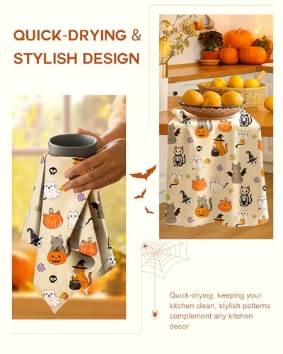 Image of Miss Adola 150GSM Flour Sack Kitchen Towels Set of 2, Spooky Cats | 18 inchx26 inch, Lightweight, Lint-Free, Pure Cotton, Decorative, with Hanging Loop, Absorbent, Softer after Wash, Giftable Package