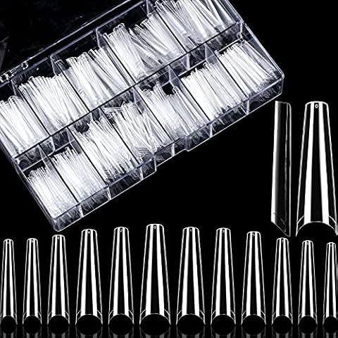 480 Stücke Extra Lange XXL Sarg Gefälschte Nagelspitzen Klare Acryl Nagelspitzen in 12 Größen mit Etui Halbe Abdeckung Falsche Gefälschte Nagelspitzen Ballerina Nägel Cover