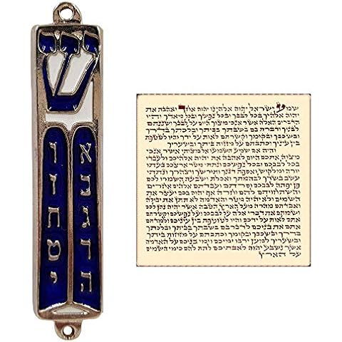 TALISMAN4U Ten Commandments Mezuzah with Scroll Silver Tone Blue Enamel Israel Door Mezuza 3.5 Inch Cover