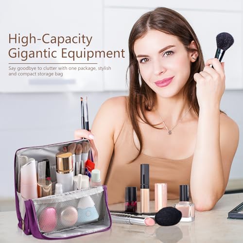 Doresty Makeup Bag, Travel Makeup Organizer, Parallel Traveler Make-up Bags Fold Down, Standing Makeup Bag, Large Capacity, Waterproof with Compartments(Purple)4