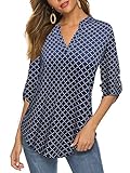 Halife Women's V Neck 3/4 Sleeves Plaid Print Tunic Tops Shirts to Wear with Leggings Navy Blue XL