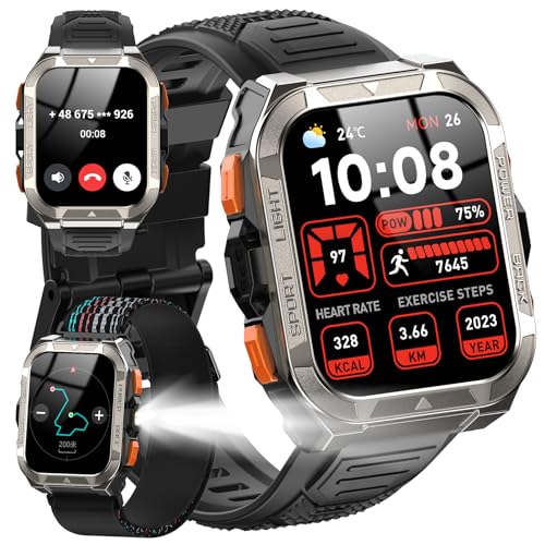 Military Smart Watch for Men,Built-in GPS/60 Days Battery/Led Flashlight/Compass/2 Straps/IP68 Waterproof, Tactical Smart Watches Outdoor with AI ChatGPT/AI Watch Face/AI Translate for Android iOS