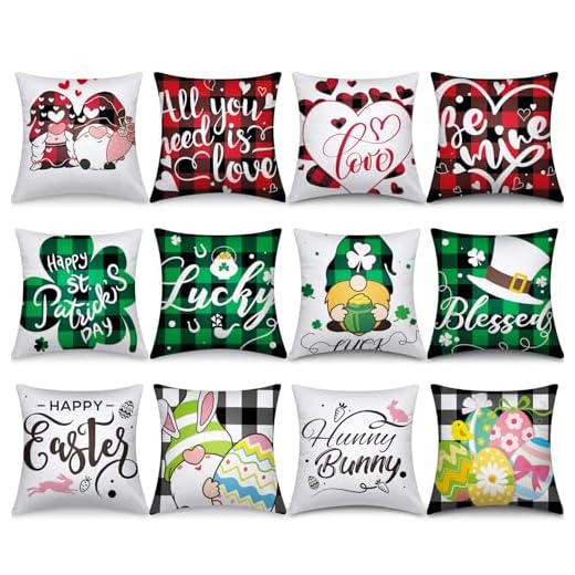 Preboun Set of 12 Valentine's Day St. Patrick's Day Easter Pillow Covers 18 x 18 Inch Love Heart Clovers Bunny Eggs Cushion Case Home Buffalo Plaid Pillow Case for Holiday Happy Home Decor