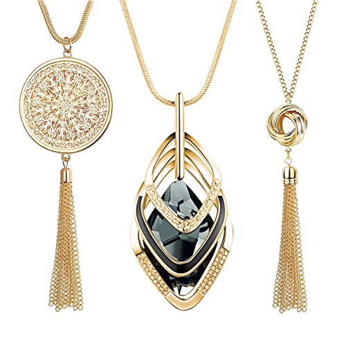 La Mejor Recopilación de Collares para Dama . 50 GexoOmgo - Juego de 3 collares largos con colgante para mujer, diseño de disco y círculo, collar de triple pila, collar de borla de suéter, collar de declaración, collar en Y,...
