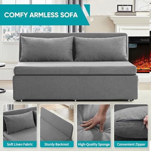 Image of BALUS 64 inch W Queen Size Pull Out Sleeper Sofa Bed Couch with Pullout Bed, 2 in 1 Convertible Linen Loveseat Sofa Sleepers with Pillows and Tri-fold Mattress for Small Space Loft Home Office, Light Grey