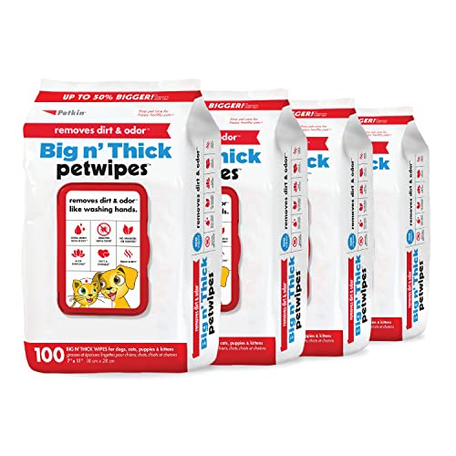 Petkin Pet Wipes for Dogs and Cats - 400 Large Wipes - Removes Dirt & Odor - Cleans Ears Face Butt Eye Area - Convenient for Home or Travel - 4 Packs
