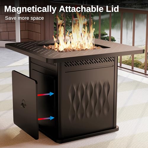 Image of EAST OAK 32'' Propane Fire Pit Table, 50,000 BTU Steel Gas FirePit for Outdoor, Outside Patio Deck and Garden, CSA Certified Fire Table with Magnetic Lid, Cover-Storage Basket and Lava Rock, Brown