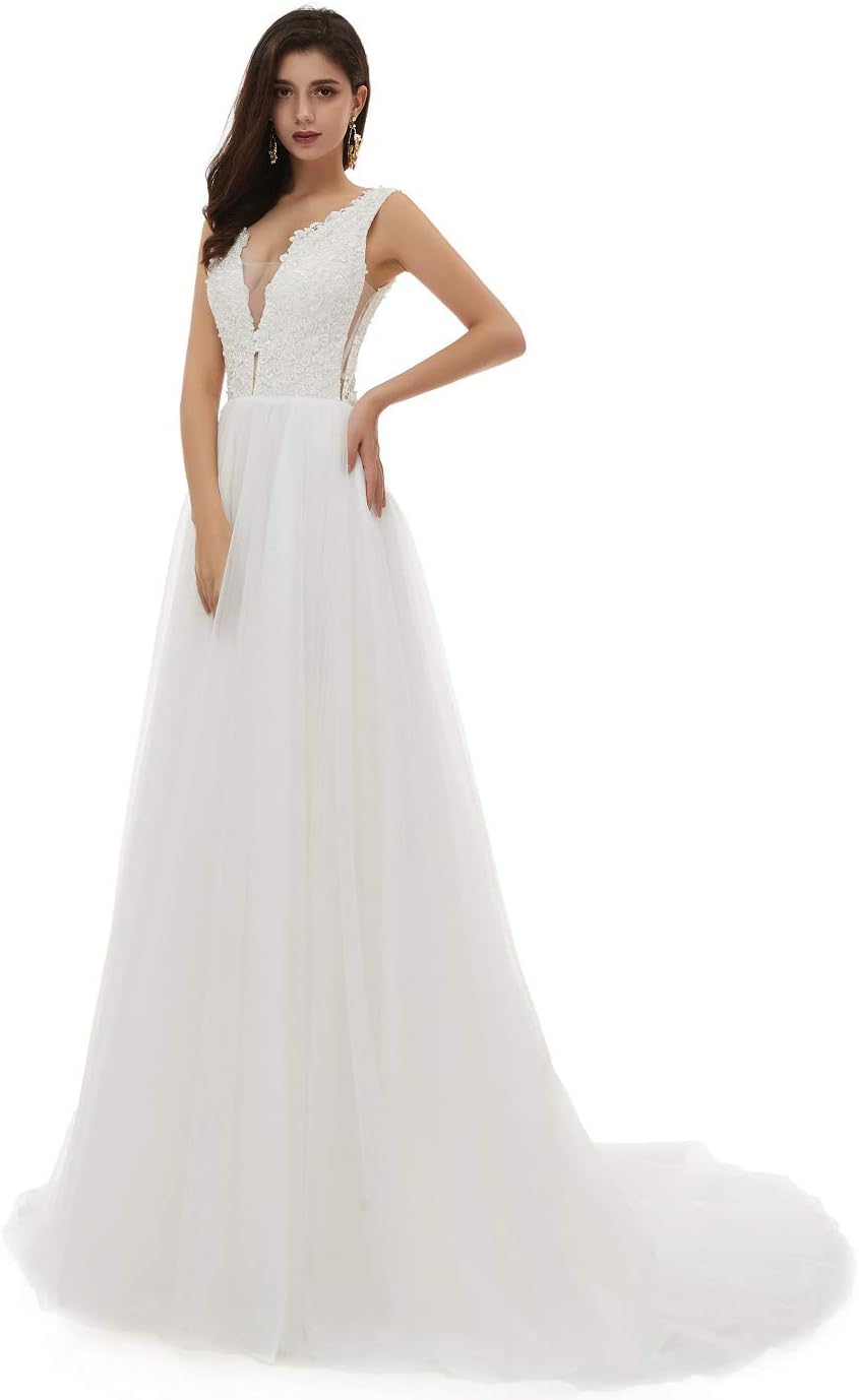 Women's V-Neck Beaded Lace Applique Beach Wedding Dress