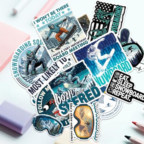 12PCS Snowboard Stickers Pack, Funny Snowboarding Decals for Helmets, Laptops, Water Bottles, Winter Sports Fans, Stickers Die-Cut Waterproof for Laptop, Water Bottle, Phone (Normal, 3 Inch FBA)