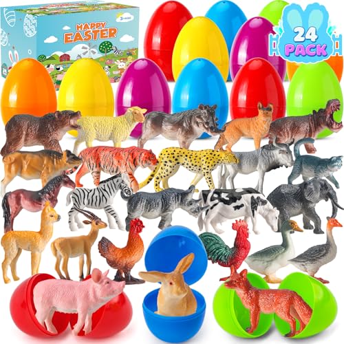 24 Pack Easter Eggs with Realistic Animal Figurines Toys Inside