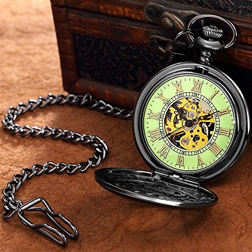 Houkai Led Light Night Luminous Mechanical Pocket Watch Chain Locket Dial Hollow Steampunk Skeleton Men Women Mensclock Watches (Color : E) #TOP1