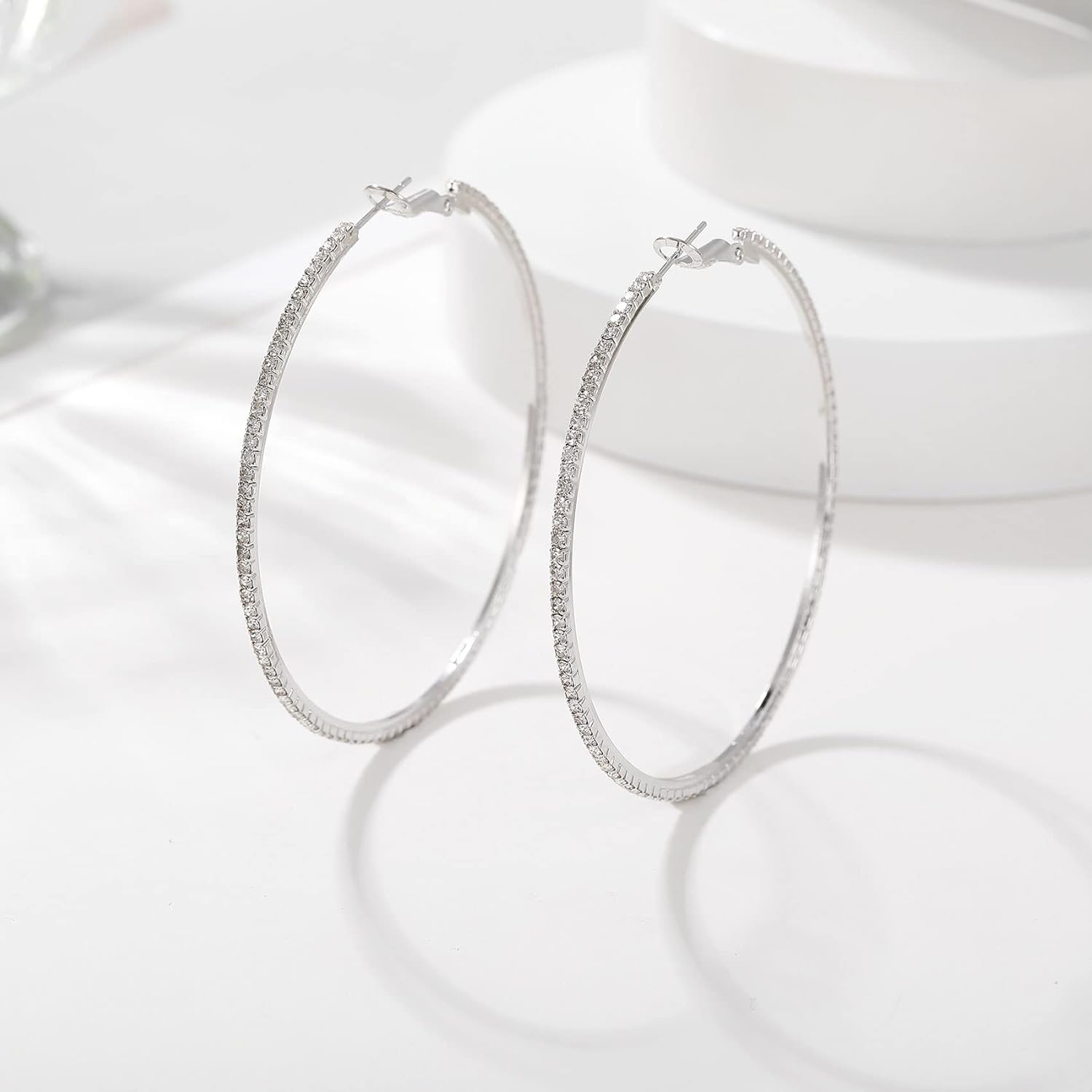 925 Sterling Silver Earrings Large Rhinestone Hoop Earrings Big Cubic Zirconia Hoop Earrings Thin Rhinestones Round Hoop Earrings for Women 20/30/40/50/60/70mm Sparkly Hoops With Crystals for Womens - Image 8