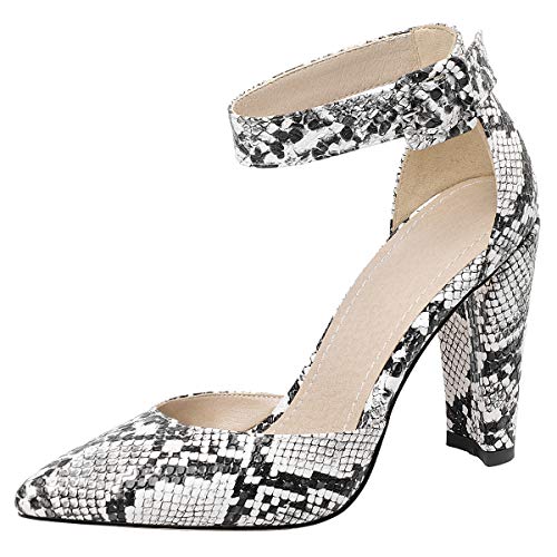Caradise Womens Snakeskin Print Pointed Toe Block Heel Ankle Strap Pumps