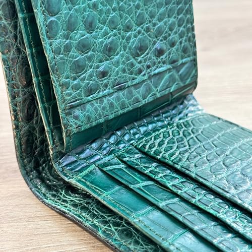 Image of HATA Black Green Bifold Leather Wallet for Men, Exotic Double-Sided Leather Wallet with RFID Blocking & ID Window Credit Card Holder, Handmade Gift for Birthday, Anniversary, Father's Day HDV1272