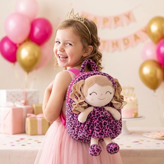 Image of Gloveleya Toddler Girls Backpacks Soft Doll Backpack for Kids Curly Hair Dolls for Girls in Rose Leopard Dress 9 inches