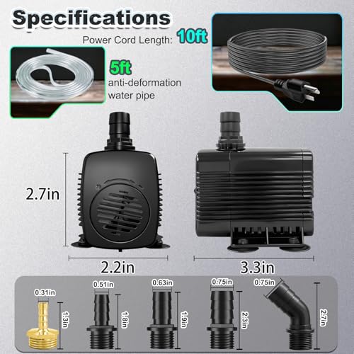 Image of 400GPH Submersible Fountain Pump with Tubing 10ft Outdoor Cord for Garden | Overheat Protection, Ground Cord with 3-Prong Plug Safer for Indoor and Outdoor Use