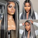 Ombre Black Balayage Grey Lace Front Wigs Human Hair Glueless 13x6 Lace Front Wigs Human Hair Pre Plucked 26 Inch Colored Grey Wig180% Density Transparent HD Straight Gray Highlights Lace Front Wig