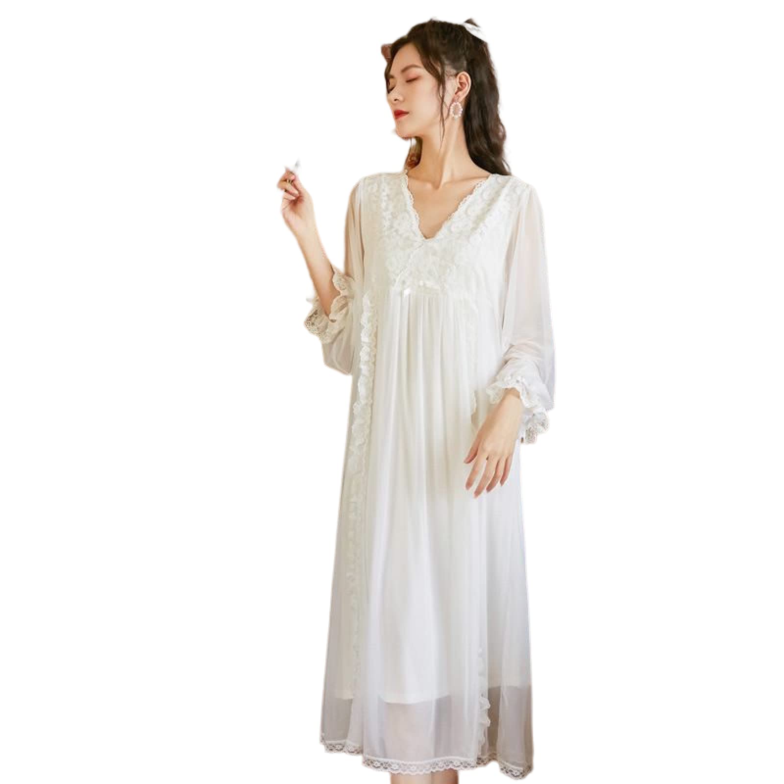 OFFSUM Camicia da Notte Donna - Camicia da Notte A V con Scollo A Tinta Unita Primavera Autunno Pizzo Camicia da Notte Dolce Principessa Palace Stile Pigiameria Ricamato Vestito