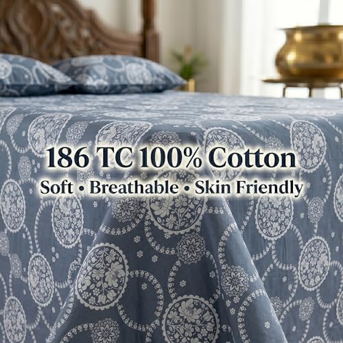 Image of Mafatlal 186 TC Grace Pure Cotton Double Size Bedsheet | 90 x 100 Inch | Soft Breathable Cotton Bed Sheet Set with 2 Pillow Covers | Slate Blue