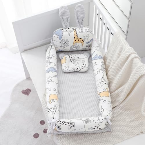 TVTKEベビーベッド 新生児 添い寝 枕付き ベッドインベッド 簡易ベッド 持ち運び 携帯型ベビーベッド ウサギの耳の形 かわいい ベビー布団 通気性 取り外し 洗える可能、88*50*12cm 0-8ヶ月 出産祝い (熱帯雨林)