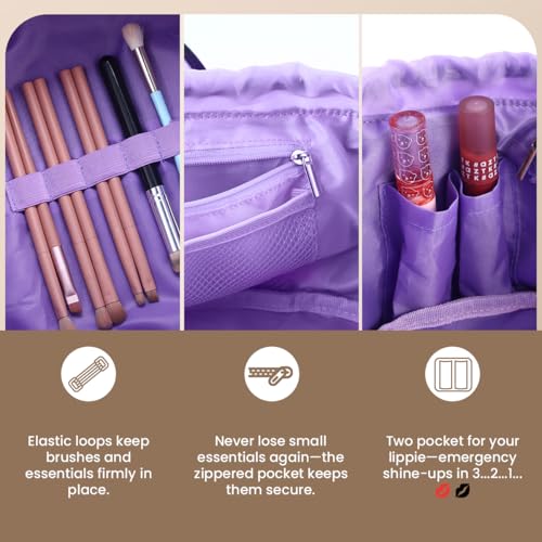Lay Flat Drawstring Makeup Bag,Travel Cosmetic Organizer for Women,Large Capacity Toiletry Bag,Portable Open-Flat Design for Skincare and Makeup Brushes (Purple) 6
