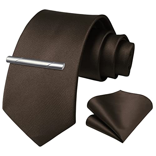 Image of HISDERN Mens Ties Solid Color Wedding Ties and Pocket Square Neckties Clip Sets Business Formal Satin Ties for Men