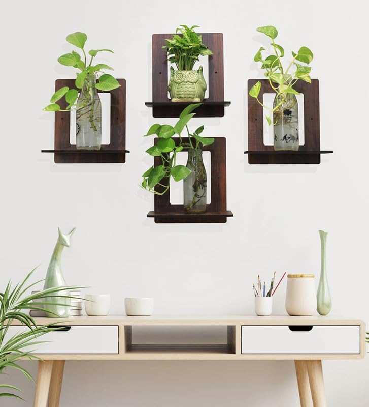 Divya Crafts Designer Wall Shelves for Home Decor Items | Living Room & Bedroom | Wall Mount MDF Wooden Wall Shelf (Wooden Floating Square, Pack of 4 Pcs