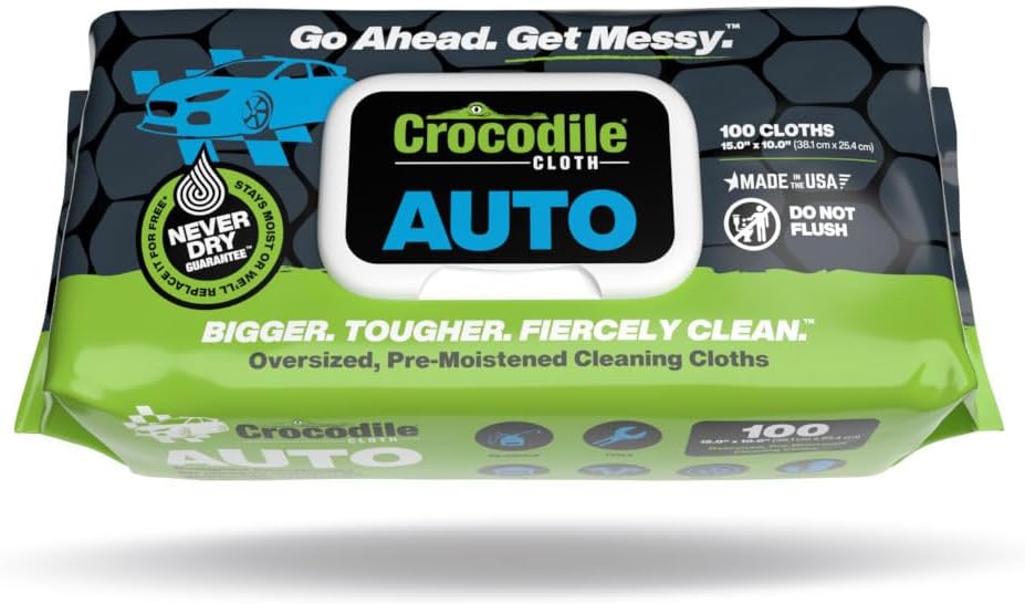 Crocodile Cloth Auto Cleaning Wipes – Car Engine Degreaser, Body Detailing, Tires Cloth Wipes – Cut Through Grease, Oil, and Adhesives on Hands, Tools, Parts, and More – 100 Giant Disposable Wipes Crocodile Cloth Auto Cleaning Wipes – Car Engine Degreaser, Body Detailing, Tires Cloth Wipes – Cut Through Grease, Oil, and Adhesives on Hands, Tools, Parts, and More – 100 Giant Disposable Wipes