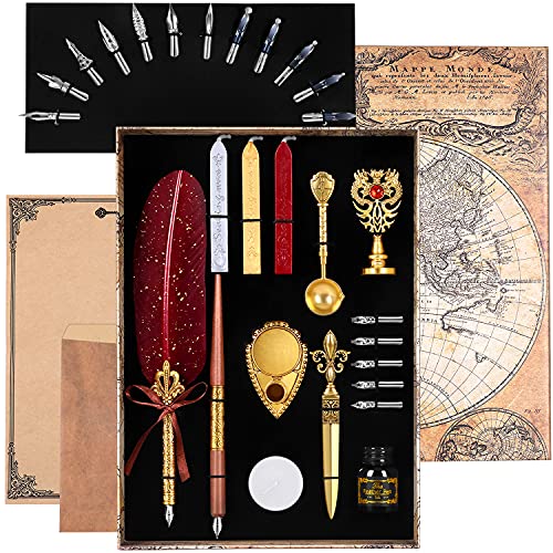 Antique Calligraphy Quill Ink Set,Calligraphy Quill ink Set,17 calligraphy pen nibs,Stamps And With Wax.Feather dip pen set-Red