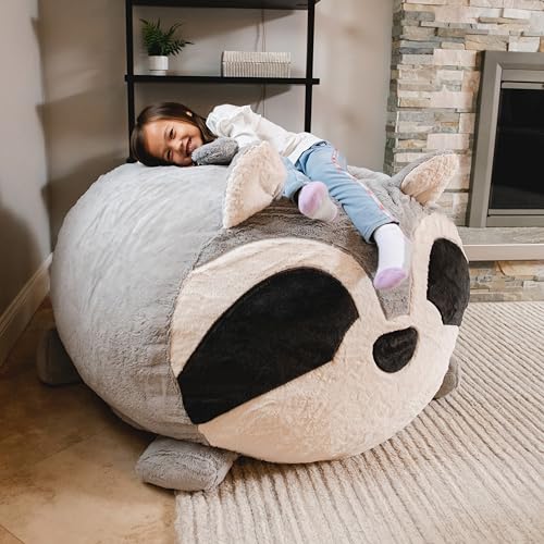 Image of Big Joe Wild Things Foam Filled Animal Bean Bag Chair with Removable Cover, Rocky Raccoon Snugglepuff, Soft Faux Fur, 4 feet Big