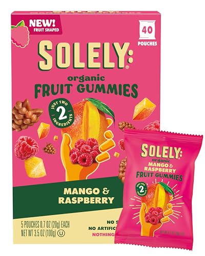 Image of SOLELY - Organic Mango & Raspberry Whole Fruit Gummies (Pack of 8 Boxes, 5 Bags per Box) - Real Fresh Fruit - Healthy Snacks for Adults & Kids - Non GMO, Vegan Snacks, Shelf Stable - 40 Bags (3.5 oz)