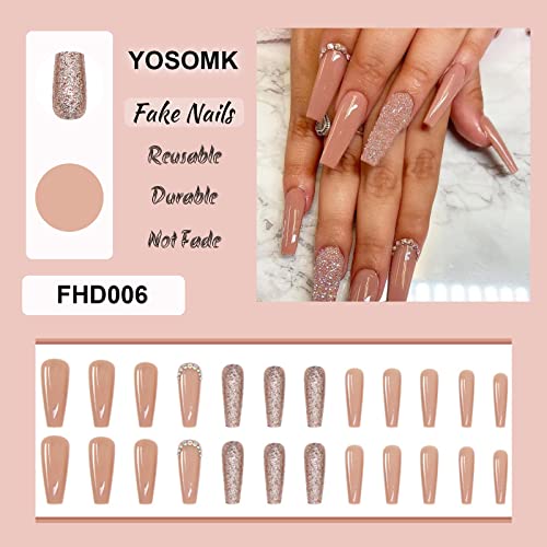 Yosomk Pink Glitter Extra Press On Nails Long With Designs False Fake Nails Coffin Acrylic Nails Glue On Nail Diamonds Stick On Nails For Women Girls #TOP2