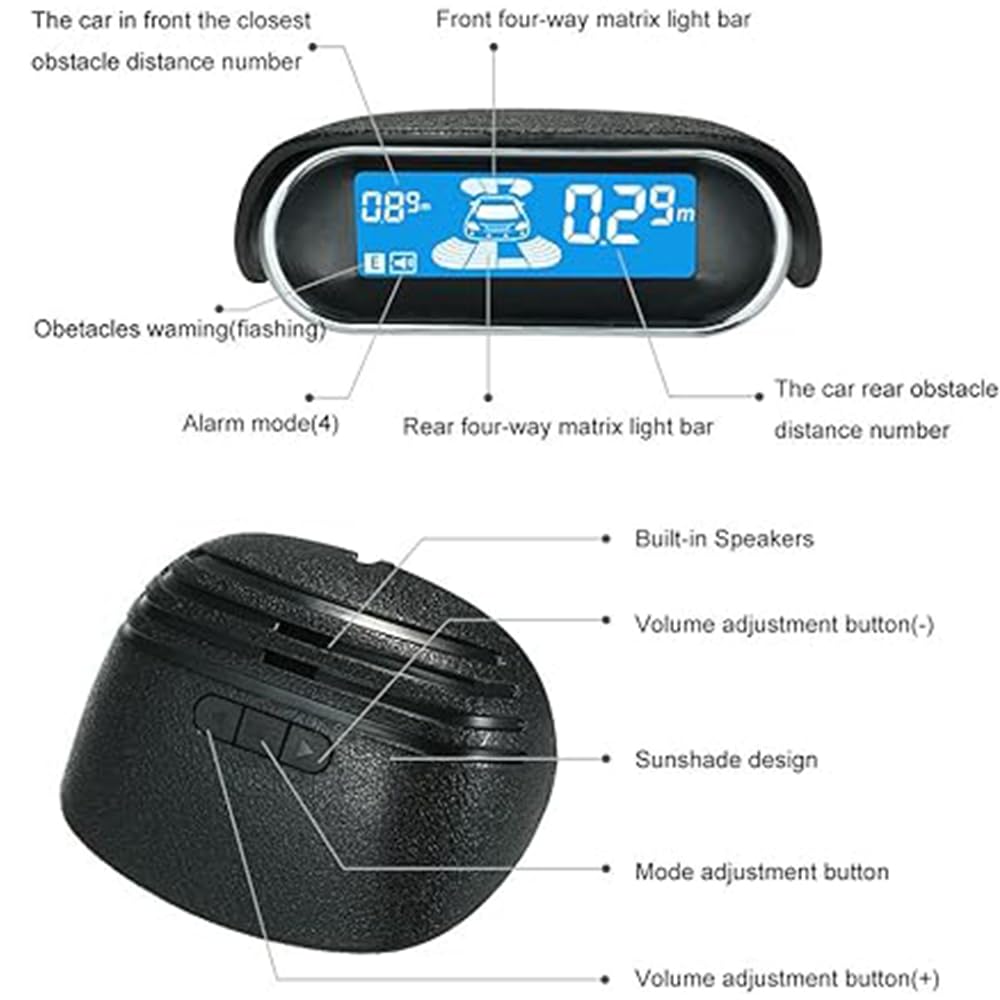 Riloer Cámara de marcha atrás, Kit Aparcamiento con Cámara, Monitor Cámara Trasera, Cámara de visión trasera sin retraso con 8 sondas, impermeable, pantalla LCD de 4.13 x 1.57 pulgadas para caravanas
