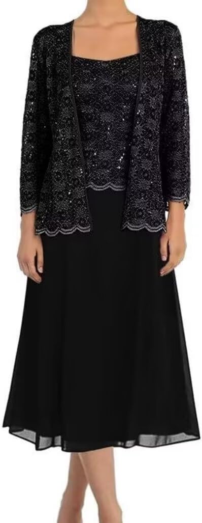 Tea Length 2 Piece Mother of The Bride Dresses with Jacket Laces Mother of The Groom Dresses Formal Evening Dress