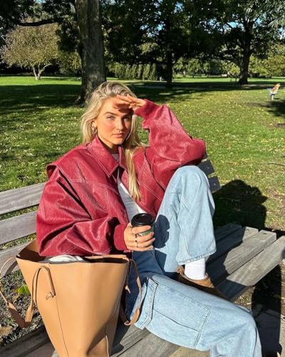 VOIKERDR Womens Oversized Leather Jackets Motorcycle Coats Faux Leather Blazer Biker Jacket4