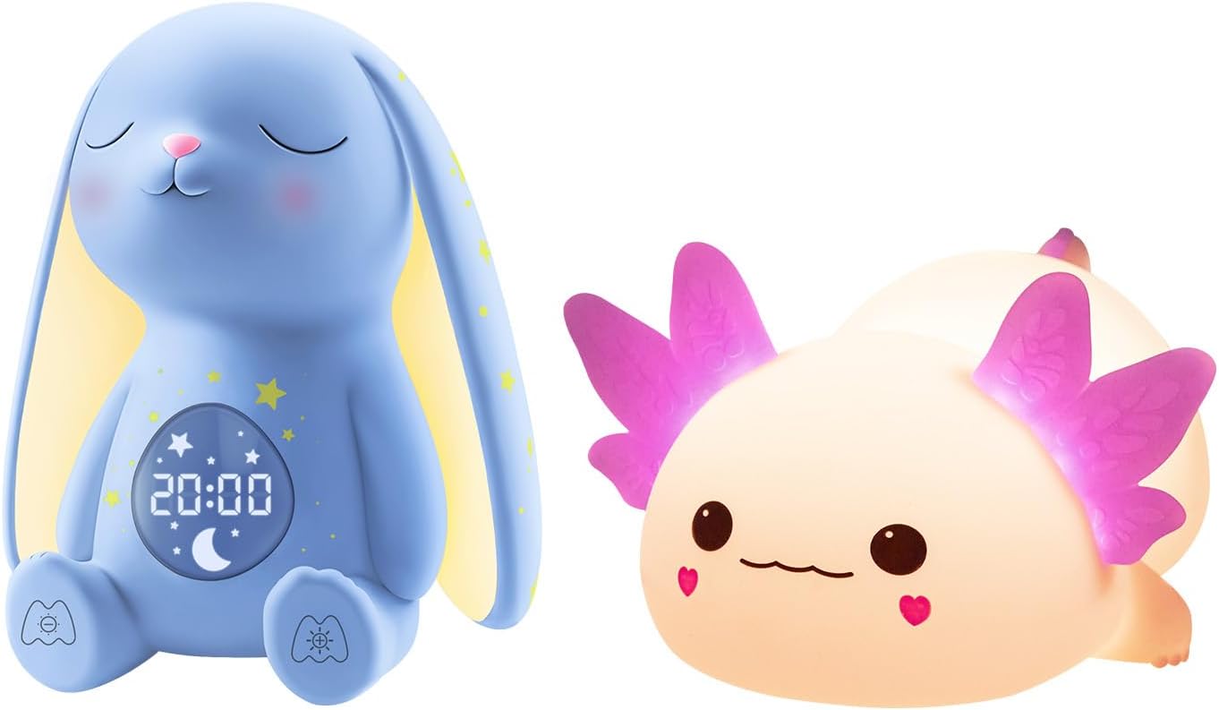 MeWaii White Noise Sound Machine Baby Night Light with Alarm Clock for Kids,50% Faster Sleep and Huggwaii Squishy Axolotl Night Light for Kids, Dimmable Silicone Kids Night Light with 4 White Noise