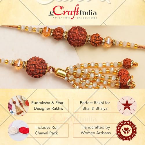 Image of eCraftIndia Rudraksha Designer Bhaiya Bhabhi Rakhis with Best Bro Ever Fridge Magnet | Set of 2 Rakhi for Brother and Bhabhi | Lumba Rakhi | Roli Chawal Pack