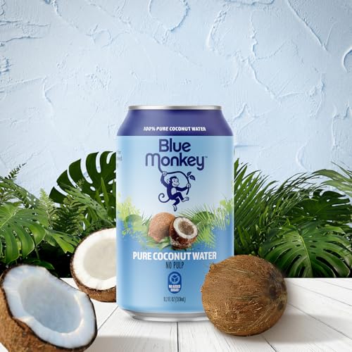 Image of Blue Monkey Coconut Water - 100% Pure Coconut Water from Vietnam - No Pulp - No Sugar Added - Shelf Stable - Refreshing Hydration Drink - 11.2oz (330) 24-Pack